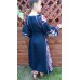 Boho Style Ukrainian Embroidered Maxi Broad Dress Navy with White/Mauve Embroidery